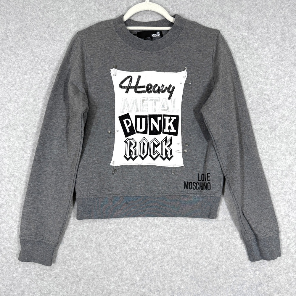Love Moschino Top Womens 4 Crop Sweatshirt Heavy Metal Punk Rock Safety Pin Logo
